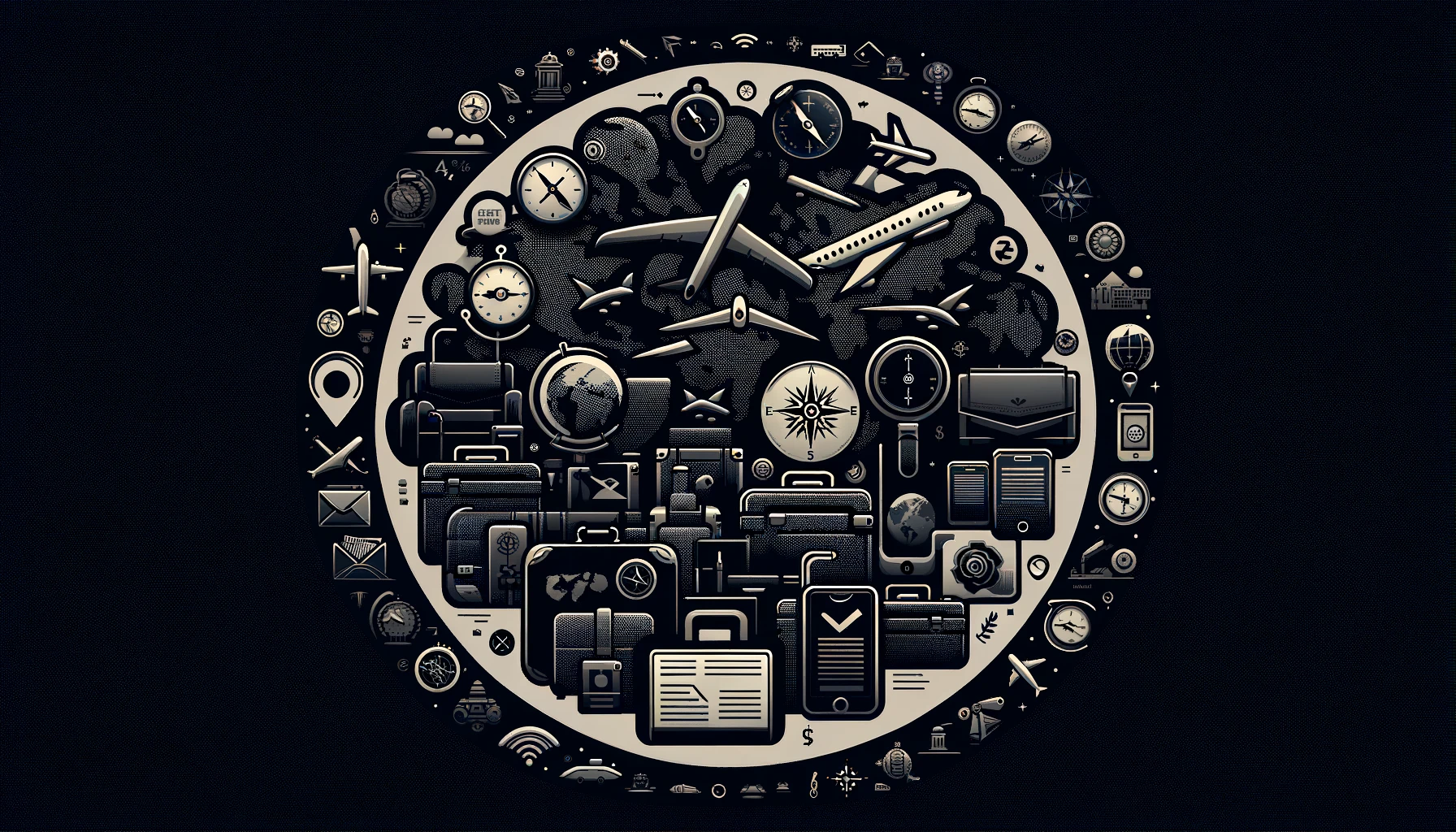 A dark-themed 16 9 background image suitable for a travel agency website, illustrating the concept of service offerings without depicting any people.